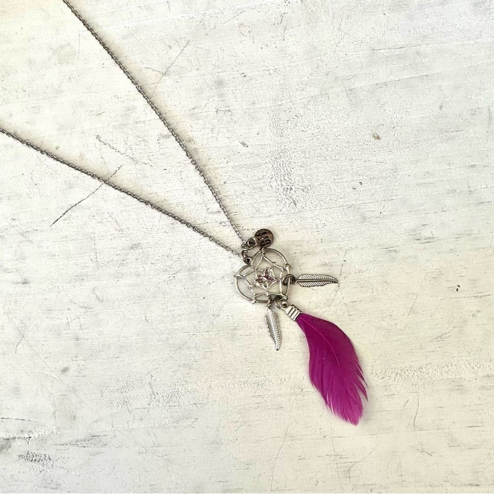 Silver tone pink feather  heart BFF charm necklace